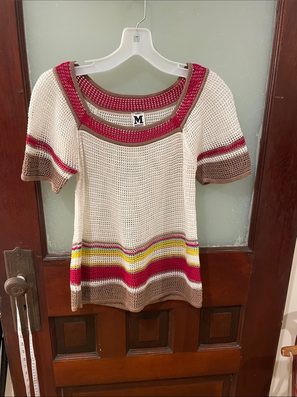 Missoni Crochet Short-Sleeve Sweater - Cream with Red & Brown Stripes
